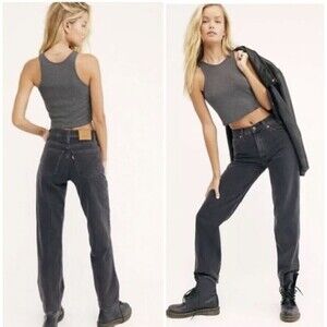 Levi's Premium Baggy Dad Jeans Black Mid Rise Cotton Rigid Denim Size 24-27